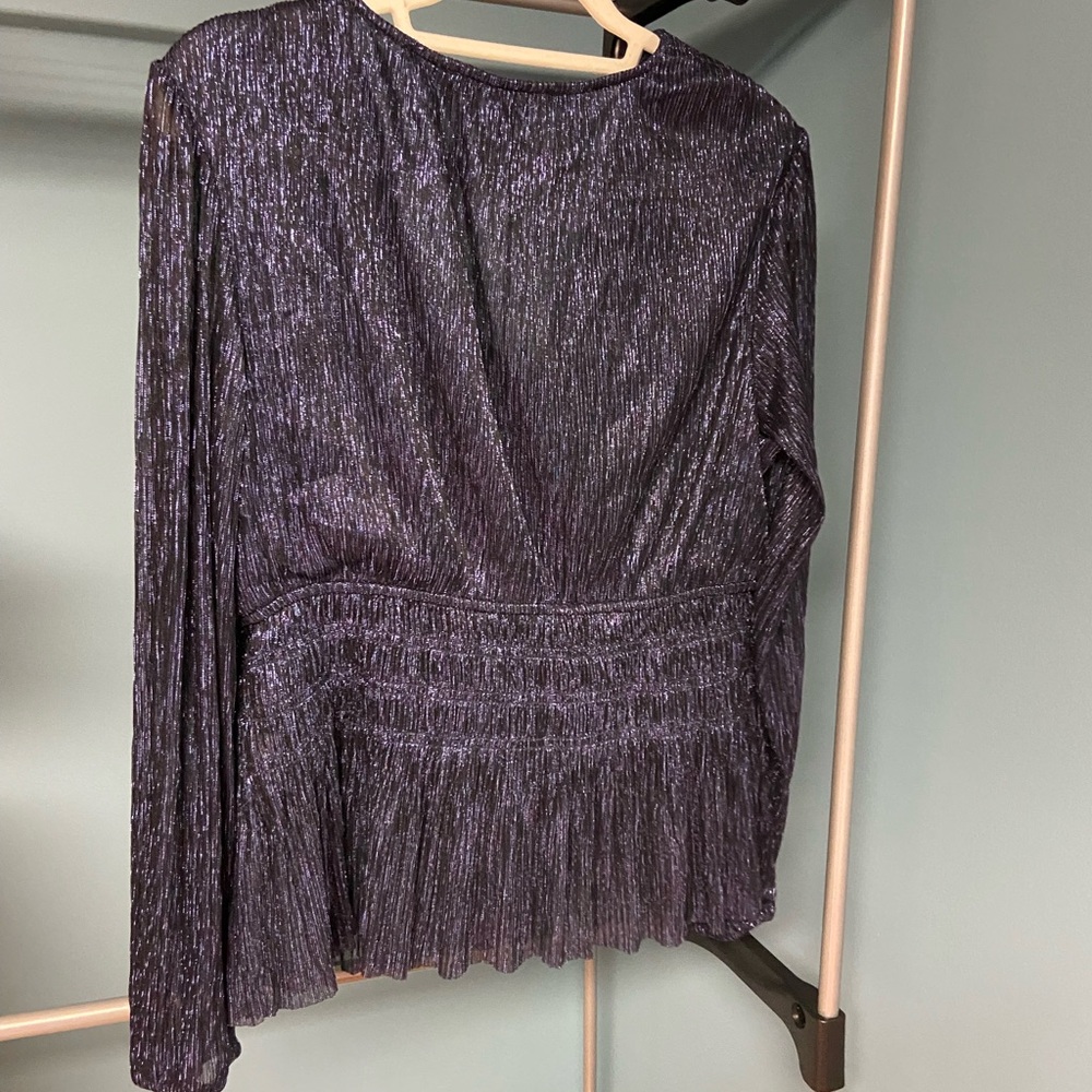 WHBM Metallic Purple Pleated Long Sleeve Blouse - Size M